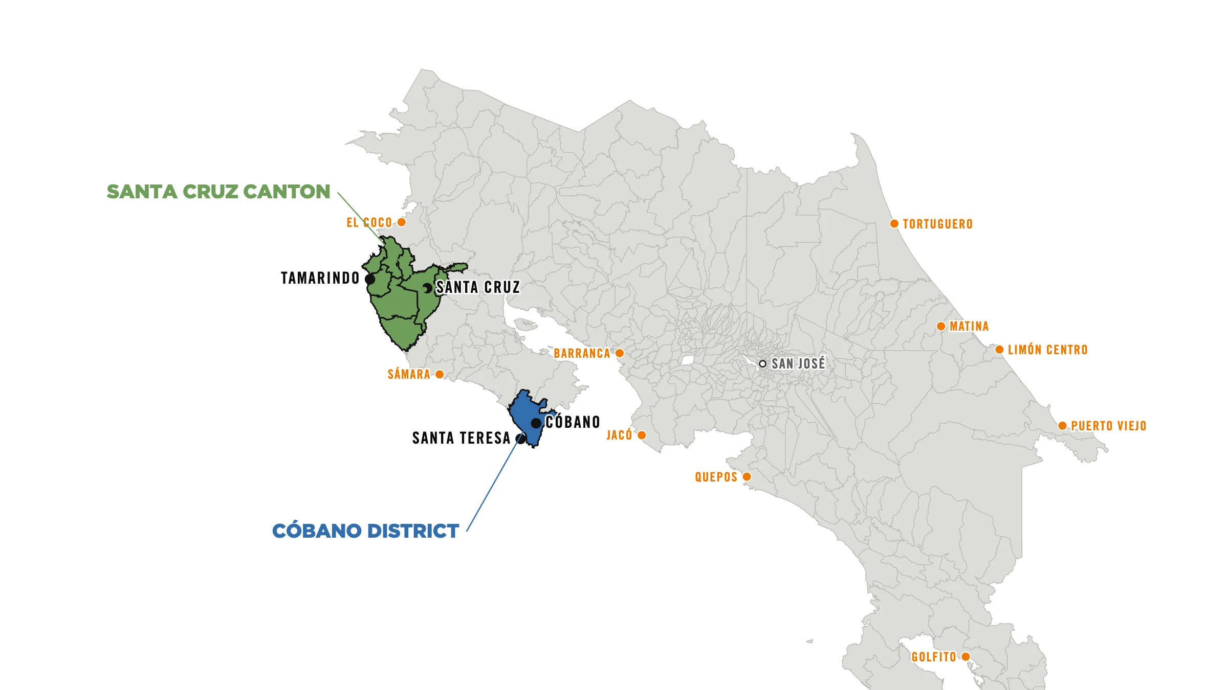Map of Costa Rica showing the Cóbano District and Santa Cruz Canton